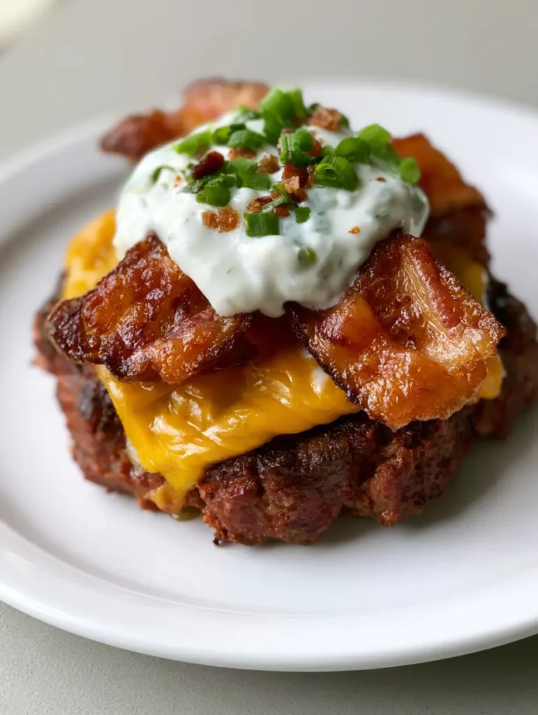 Finished Keto Crack Burgers garnished with chopped green scallions and bacon bits on a white ceramic plate.