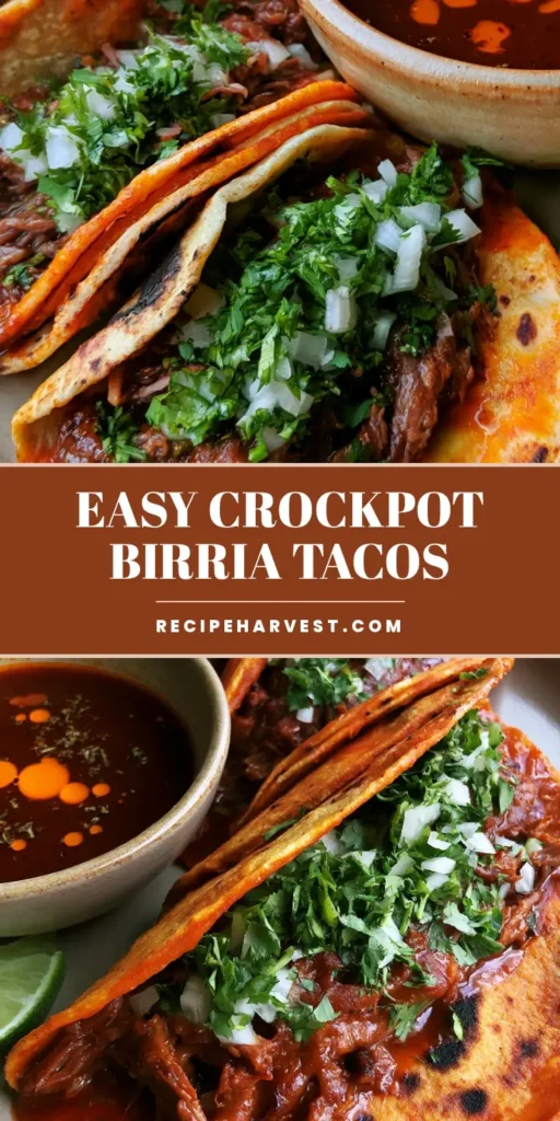 Slow Cooker Birria Tacos: The Ultimate Juicy Beef Consommé Recipe 3 A handheld smartphone photo of three Slow Cooker Birria Tacos with reddish-orange tortillas, diced white onions, and cilantro, served with a small bowl of rich red beef consommé.