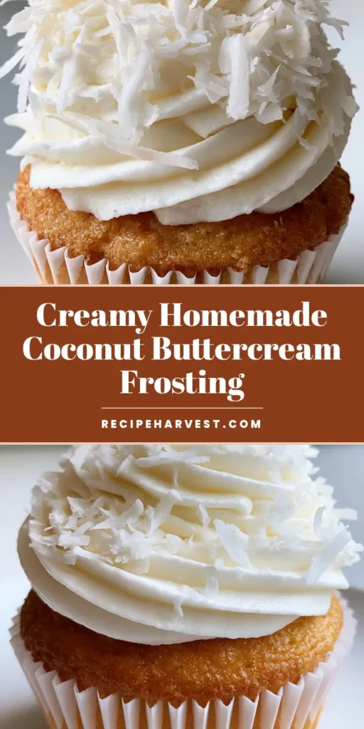 Coconut Buttercream Frosting: The Ultimate Fluffy Tropical Topping 4 A close-up of a vanilla cupcake topped with a high piped swirl of white Coconut Buttercream Frosting and shredded coconut flakes.