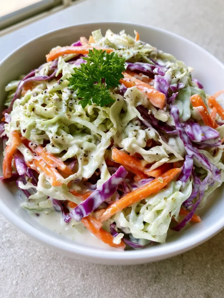 Homemade Coleslaw Recipe: The Ultimate Creamy and Crunchy Side Dish 1 Close-up of Homemade Coleslaw Recipe with vibrant julienned carrots and dried celery seeds garnish.