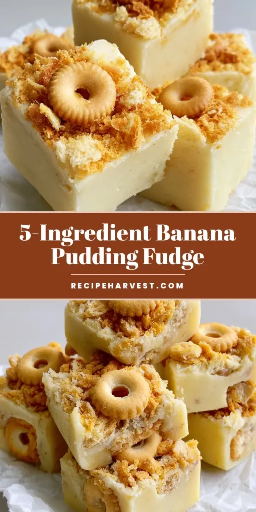 Banana Pudding Fudge: The Ultimate Creamy No-Bake Dessert 3 A close up of Banana Pudding Fudge squares topped with vanilla wafer crumbs and a whole mini wafer on parchment paper.