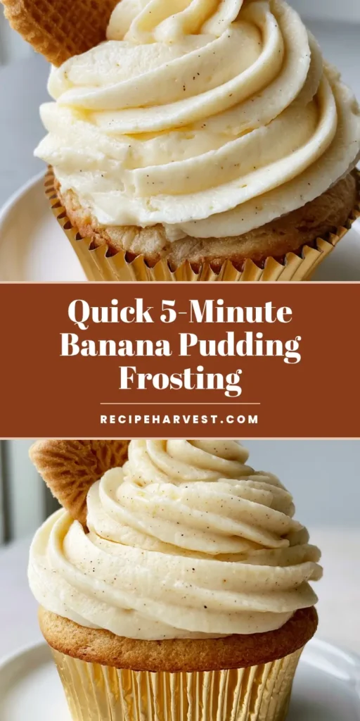 Banana Pudding Frosting: The Ultimate Creamy Pipeable Recipe 4 A tall piped swirl of smooth pale yellow Banana Pudding Frosting topped with a mini vanilla wafer cookie in a gold cupcake liner.