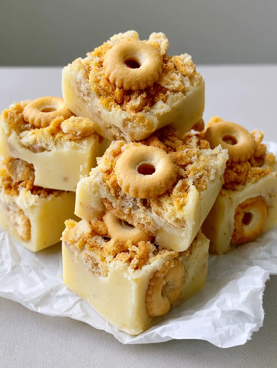 Banana Pudding Fudge: The Ultimate Creamy No-Bake Dessert 4 Handheld photo of small pastel yellow Banana Pudding Fudge squares on crinkled parchment paper.