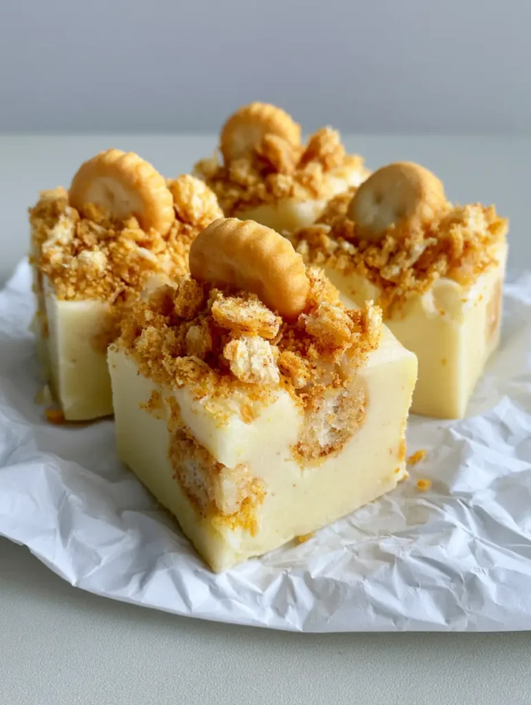 Banana Pudding Fudge: The Ultimate Creamy No-Bake Dessert 1 Top down view of pale yellow Banana Pudding Fudge with a generous layer of crushed golden vanilla wafer crumbs.