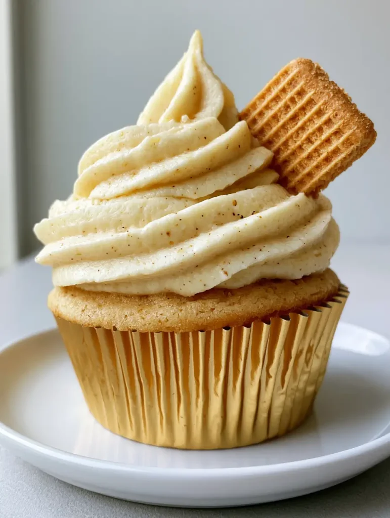Banana Pudding Frosting: The Ultimate Creamy Pipeable Recipe 1 Banana Pudding Frosting piped in a swirl on a gold cupcake liner resting on a white ceramic plate.