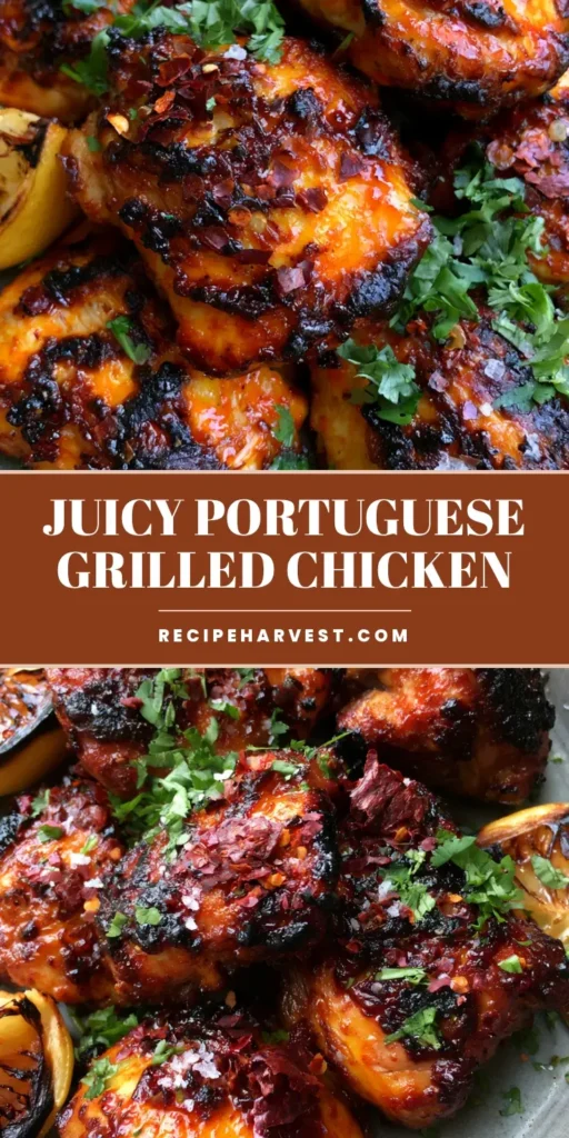 Portuguese Grilled Chicken: The Ultimate Piri Piri Recipe 4 A rustic platter of Portuguese Grilled Chicken with a glossy piri piri glaze, charred lemon wedges, and fresh cilantro garnish.