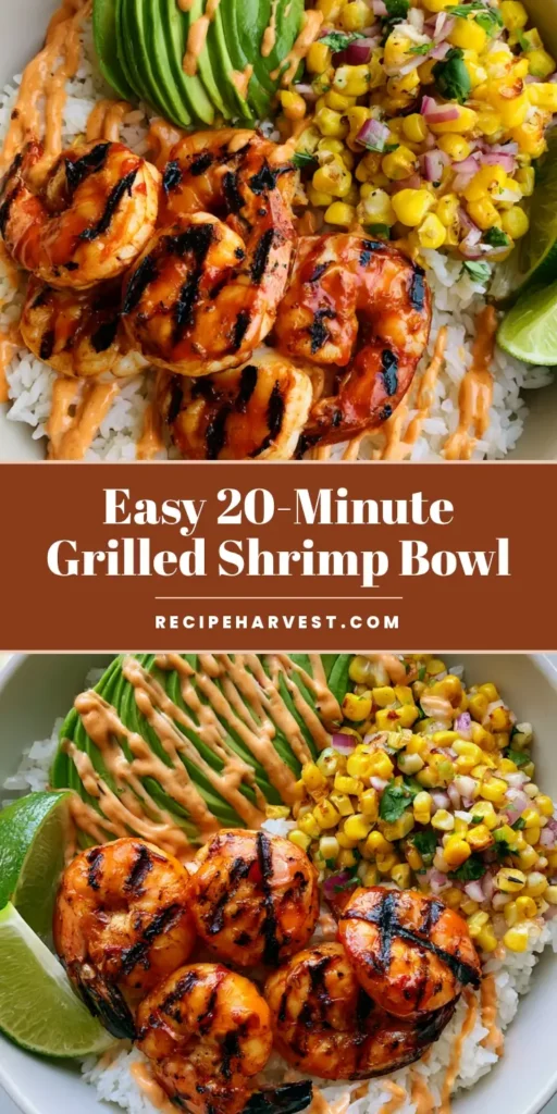 A handheld smartphone photo of a Grilled Shrimp Bowl featuring five charred shrimp with orange glaze, avocado fan, roasted corn salsa, and a messy zigzag of chili-lime sauce on a bed of white rice.