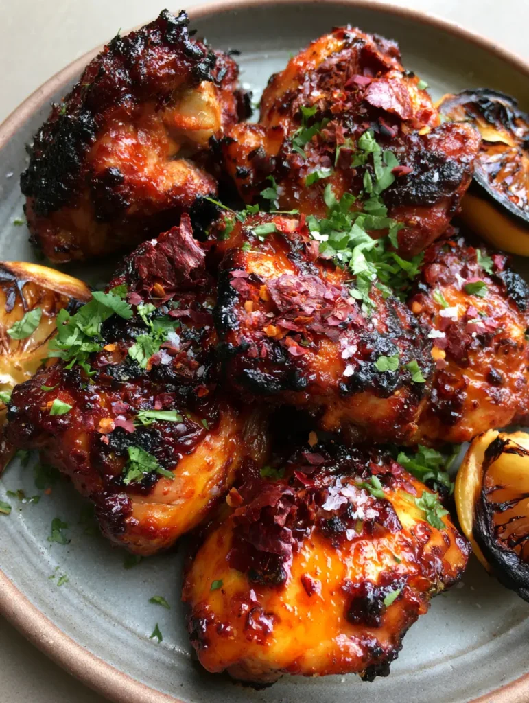 Portuguese Grilled Chicken: The Ultimate Piri Piri Recipe 2 Close-up of flame-grilled Portuguese chicken thighs featuring dark char marks and a vibrant orange-red glaze.