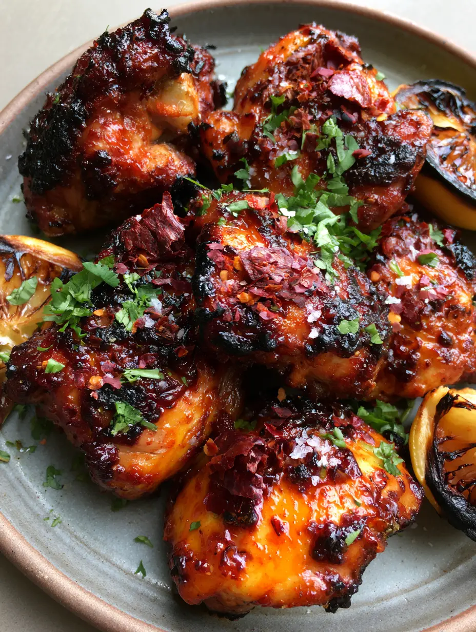 Portuguese Grilled Chicken: The Ultimate Piri Piri Recipe 3 Close-up of flame-grilled Portuguese chicken thighs featuring dark char marks and a vibrant orange-red glaze.
