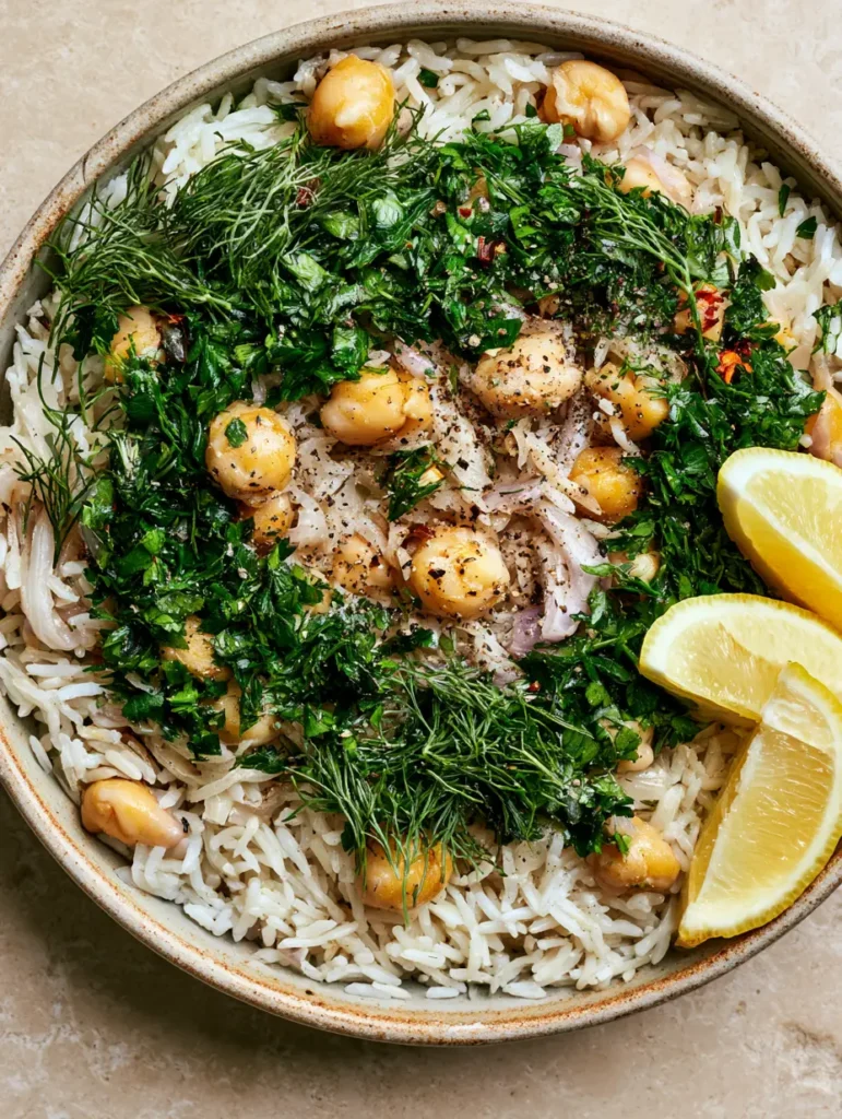 Top-down view of a rustic ceramic bowl filled with Mediterranean Rice and Beans, topped with vibrant parsley and dill sprigs. (Mediterranean Rice and Beans)
