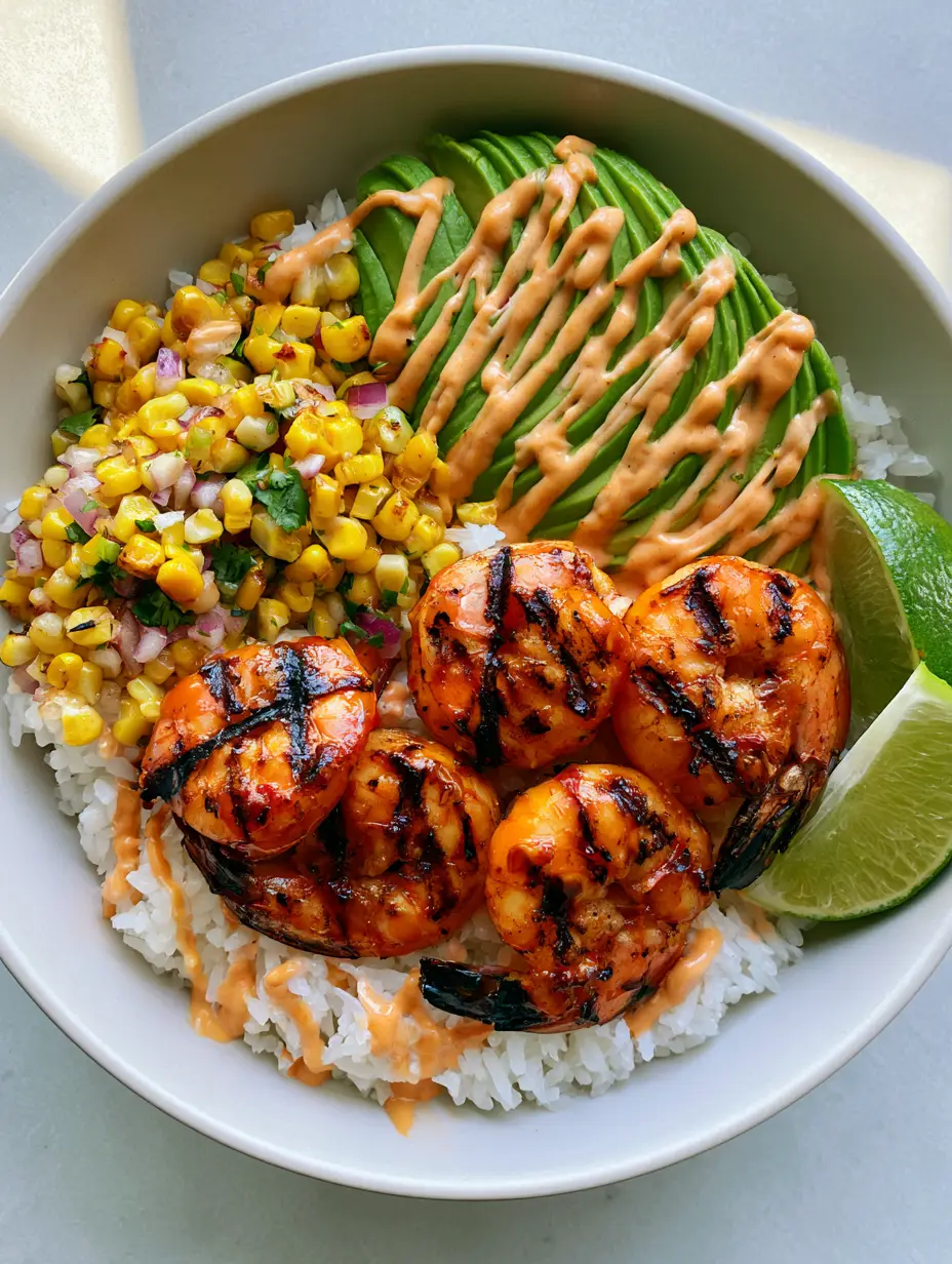 Top-down view of a healthy Grilled Shrimp Bowl in a matte white ceramic bowl, showcasing the vibrant colors of roasted corn and creamy avocado.