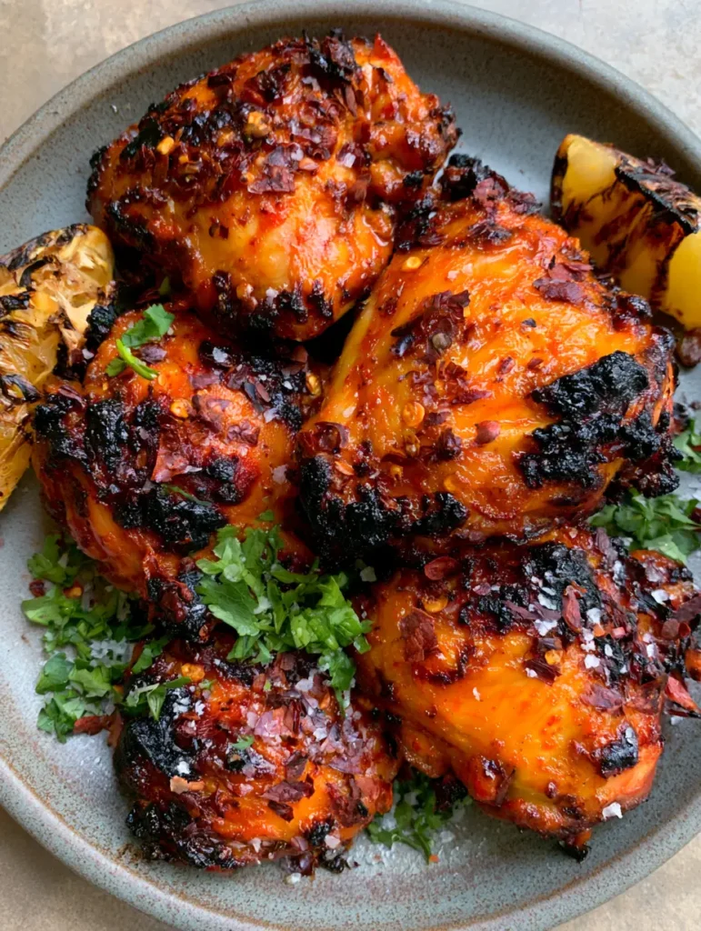 Portuguese Grilled Chicken: The Ultimate Piri Piri Recipe 1 Top-down view of Portuguese Grilled Chicken garnished with dried red chili flakes and coarse sea salt on a rustic grey platter.
