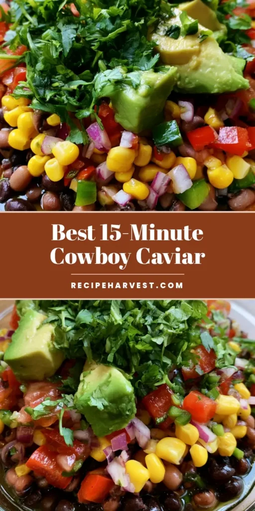 Cowboy Caviar Recipe: The Ultimate Crowd-Pleasing Tex-Mex Dip 4 A close-up vertical shot of a vibrant Cowboy Caviar Recipe in a glass bowl, showcasing colorful layers of beans, corn, and creamy avocado chunks. (Cowboy Caviar Recipe)