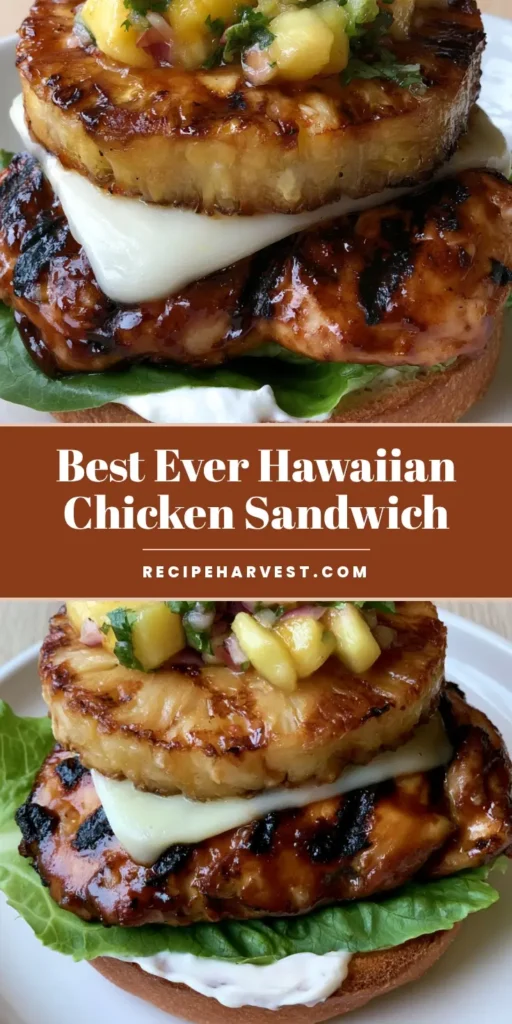 A handheld Hawaiian Chicken Sandwich on a white plate featuring grilled chicken with teriyaki glaze, a caramelized pineapple ring, and fresh pineapple salsa on a brioche bun.