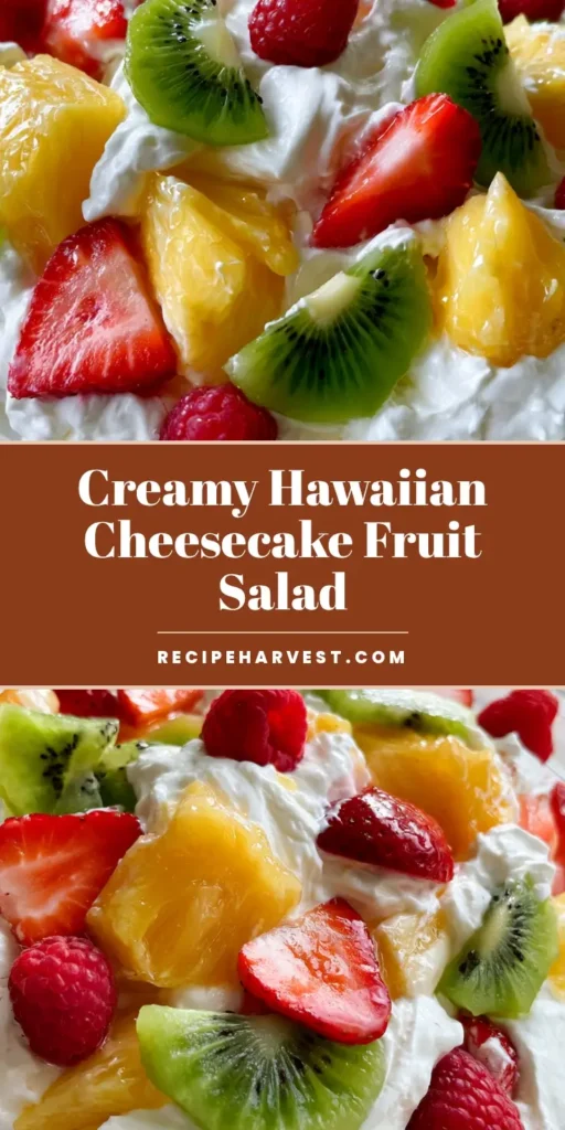 Hawaiian Cheesecake Salad with Tropical Fruit and Cream 4 A large glass bowl of Hawaiian Cheesecake Salad featuring whipped cream, pineapple, strawberries, kiwi, and raspberries on a wooden table.