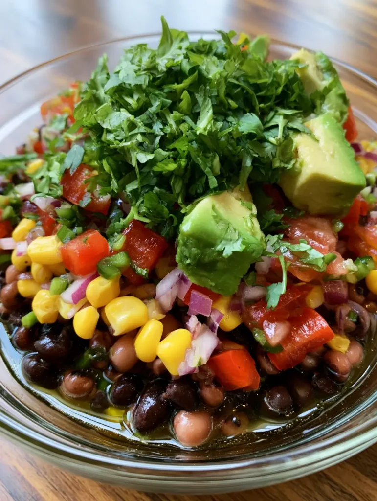 A handheld smartphone photo showing a glass bowl filled with colorful Cowboy Caviar including black-eyed peas, corn, and peppers on a wooden table. (Cowboy Caviar Recipe)