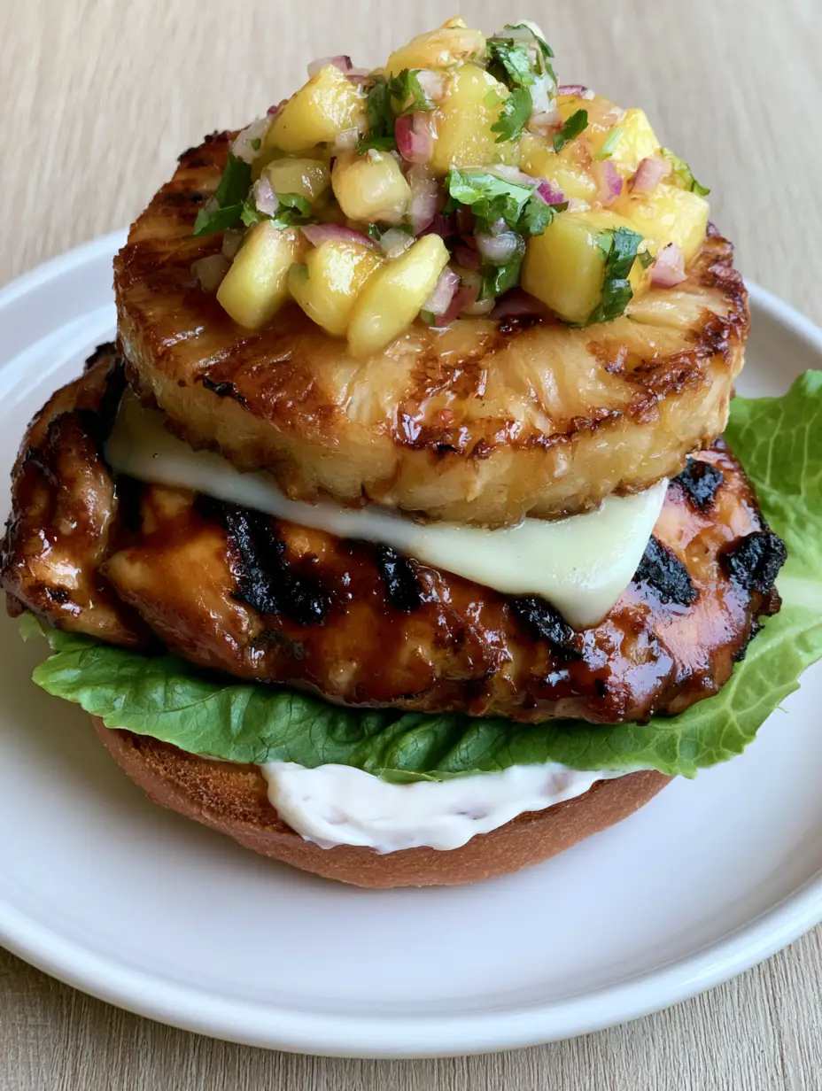 Close-up of a Hawaiian Chicken Sandwich with dark charred grill marks, melted Swiss cheese, and a thick glossy teriyaki glaze.