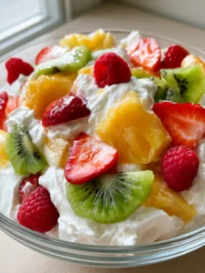 Close-up of Hawaiian Cheesecake Salad showing fluffy white cream and glistening tropical fruit slices.