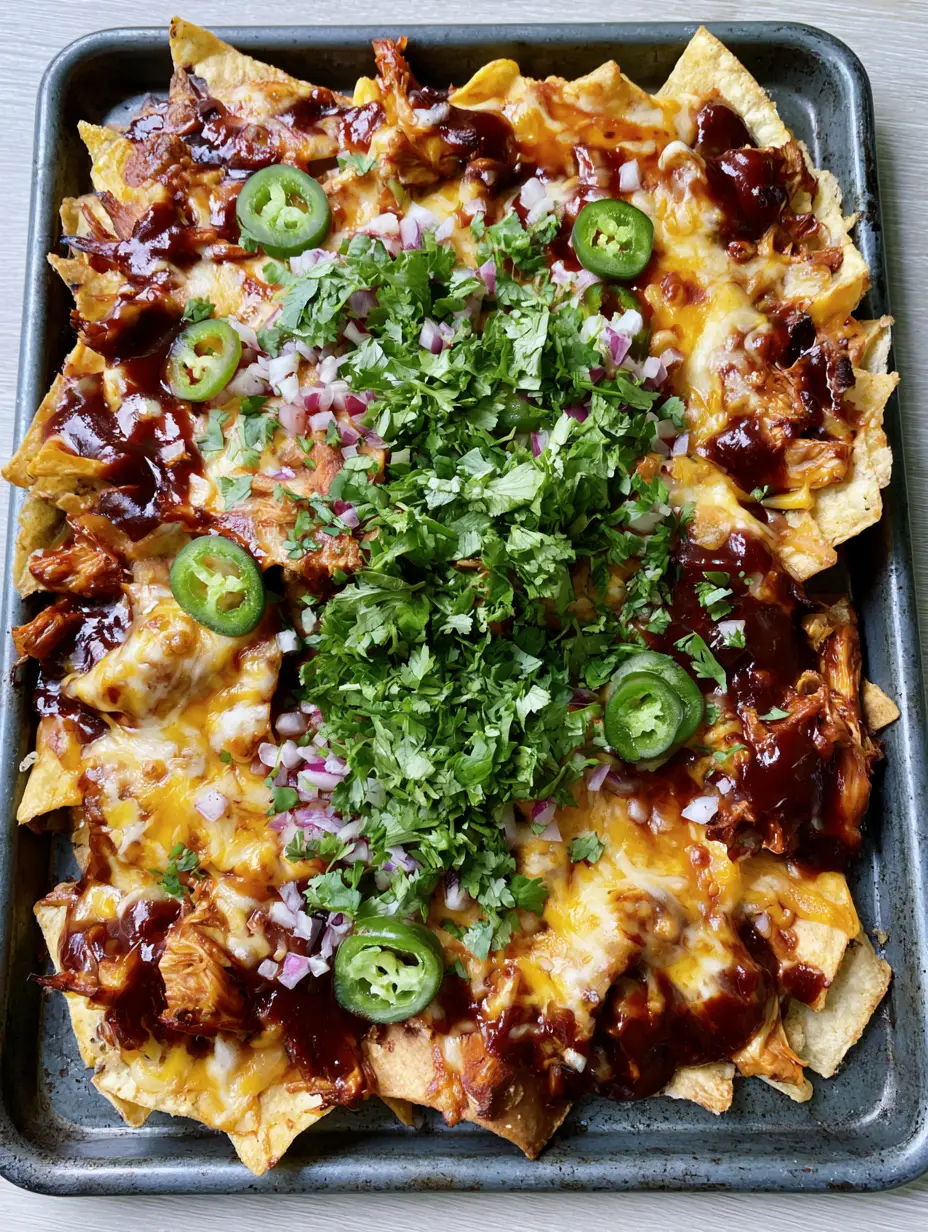 Close up of BBQ Chicken Nachos showing bubbly melted Monterey Jack and sharp cheddar cheese with dark-amber sauce.