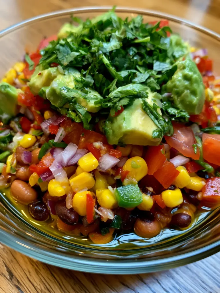 Cowboy Caviar Recipe: The Ultimate Crowd-Pleasing Tex-Mex Dip 1 Close-up detail of large chunks of creamy avocado and chopped cilantro in a Cowboy Caviar Recipe bowl.