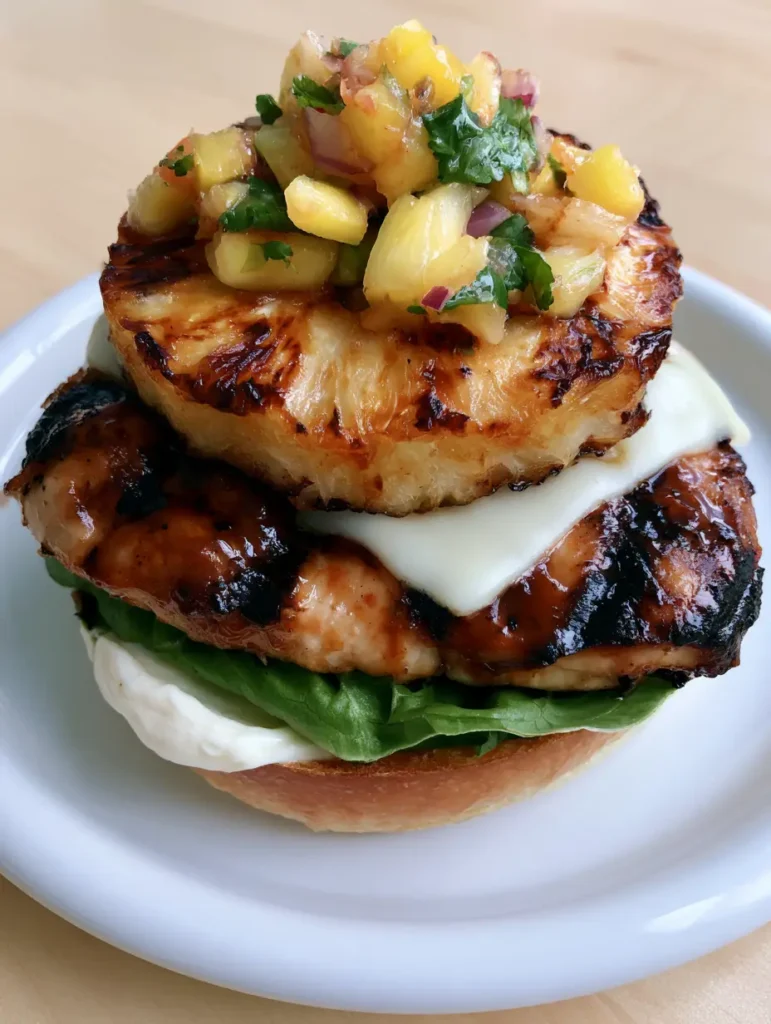 A vibrant Hawaiian Chicken Sandwich showing the layers of fresh cilantro, red onion, and pineapple salsa on a toasted brioche bun.