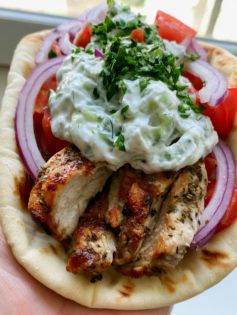 Greek Chicken Gyros with Creamy Homemade Tzatziki Sauce 3 Close-up of Greek Chicken Gyros showing succulent grilled chicken breast with browned edges and visible herb seasoning inside a thick pita.