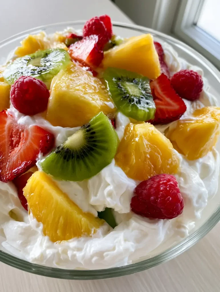 Hawaiian Cheesecake Salad with Tropical Fruit and Cream 1 High-angle view of a glass bowl filled with Hawaiian Cheesecake Salad with pineapple and berries.