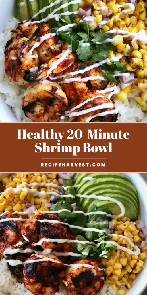 A top-down view of a Grilled Shrimp Bowl in a white ceramic bowl featuring jumbo shrimp with dark char marks, fluffy white rice, a fan of sliced avocado, charred corn, and a creamy lime sauce zigzag.