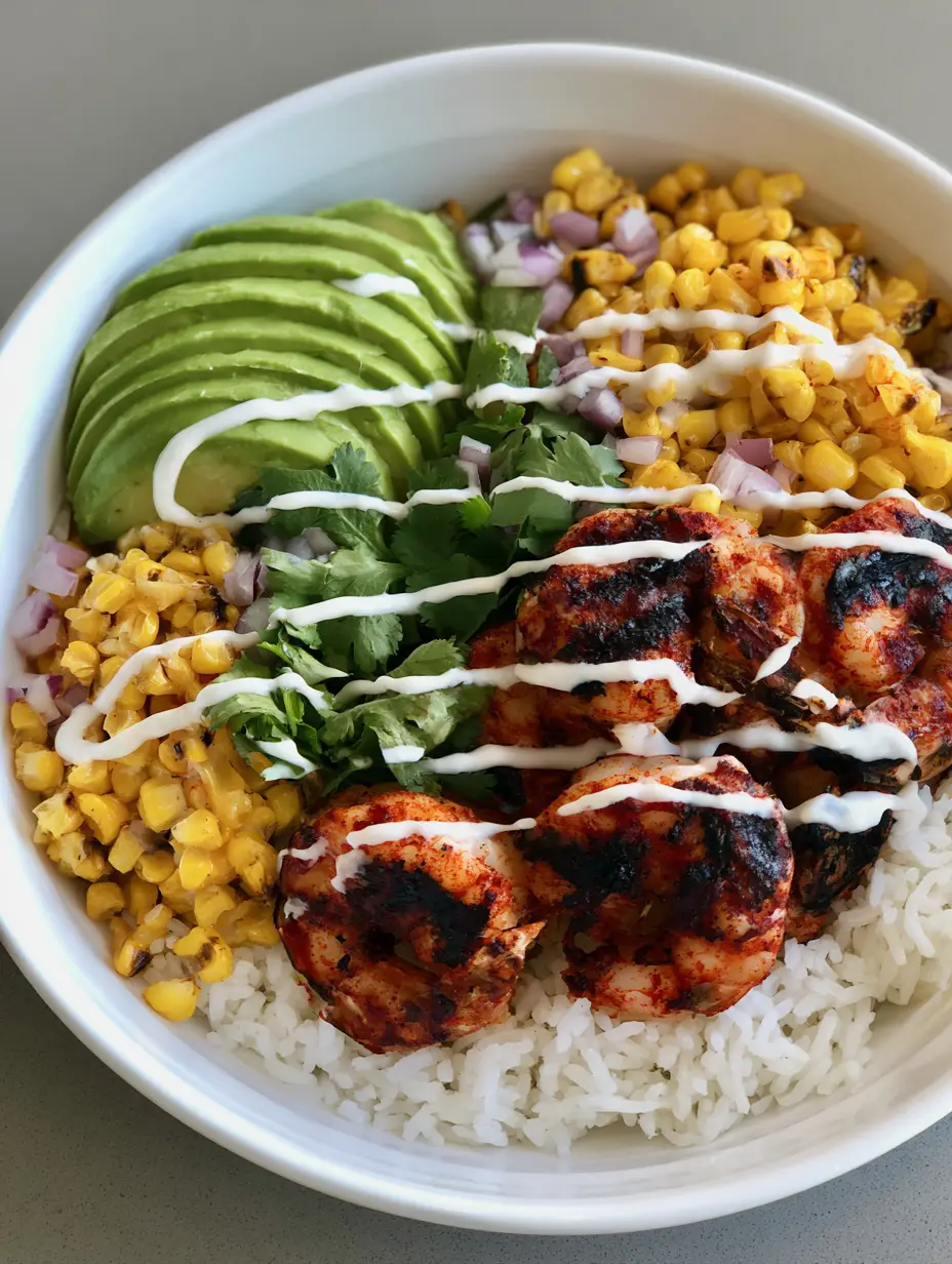 Handheld photo of a Grilled Shrimp Bowl showing the red spice rub on the shrimp and the vibrant green cilantro sprigs.