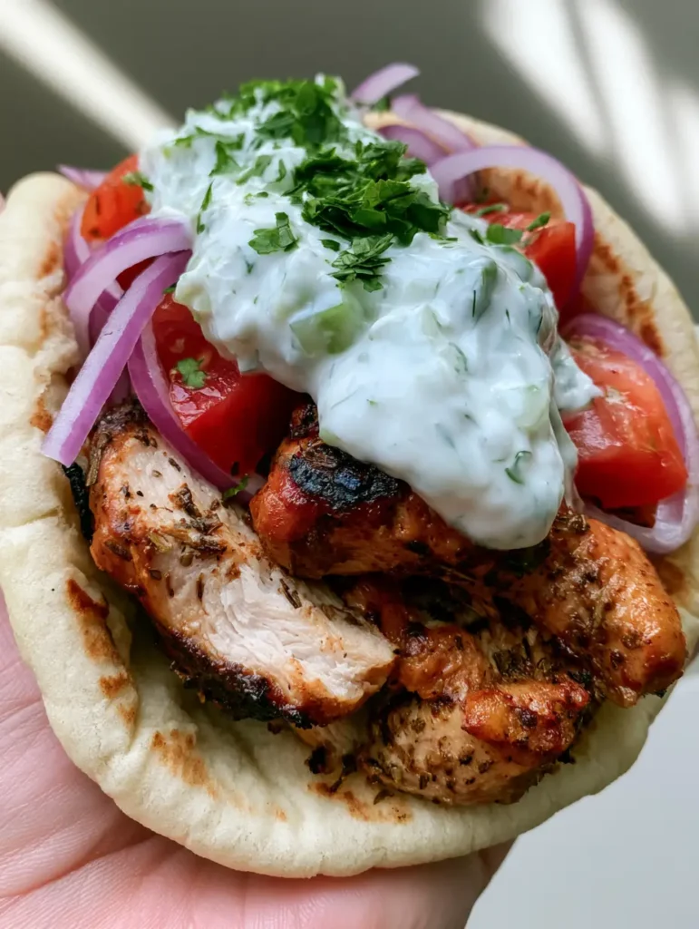 Greek Chicken Gyros with Creamy Homemade Tzatziki Sauce 1 Handheld photo of a Greek Chicken Gyro featuring creamy tzatziki sauce with bits of cucumber and dill, topped with fresh parsley.