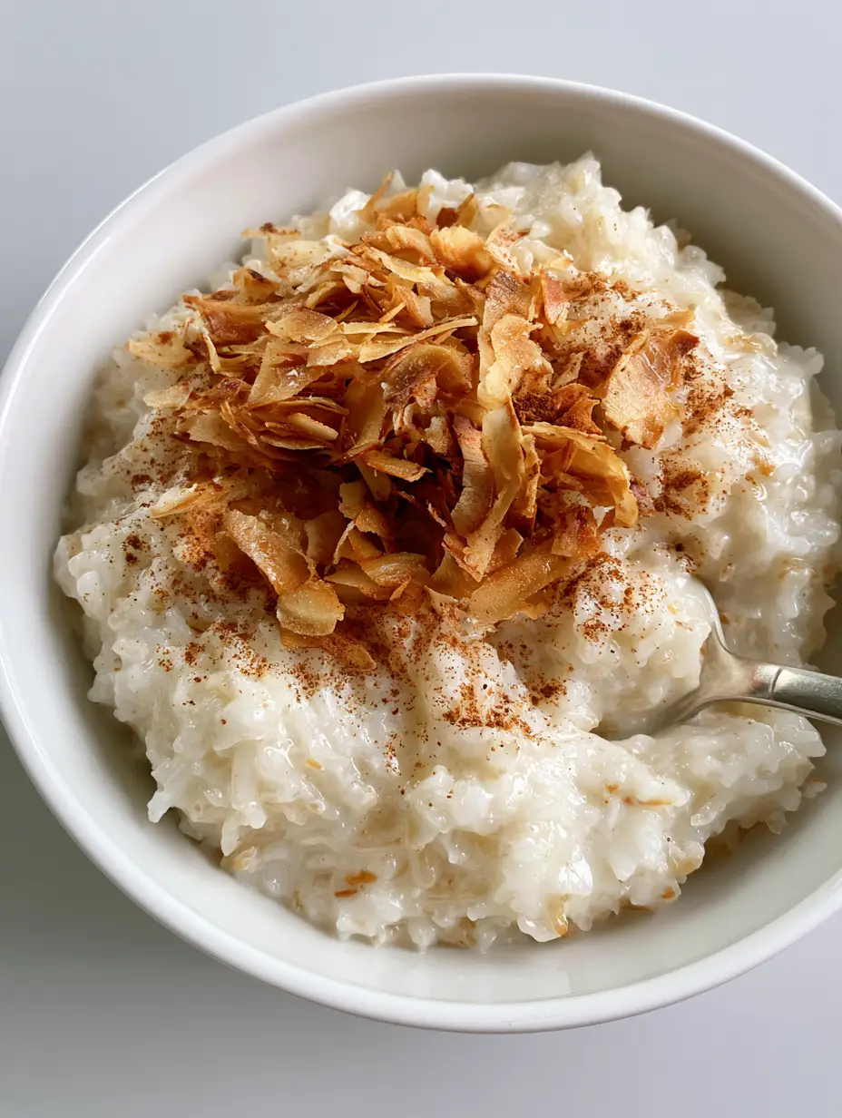 Thick and velvety coconut rice pudding in a white bowl with a silver spoon. (Coconut Rice Pudding Recipe)