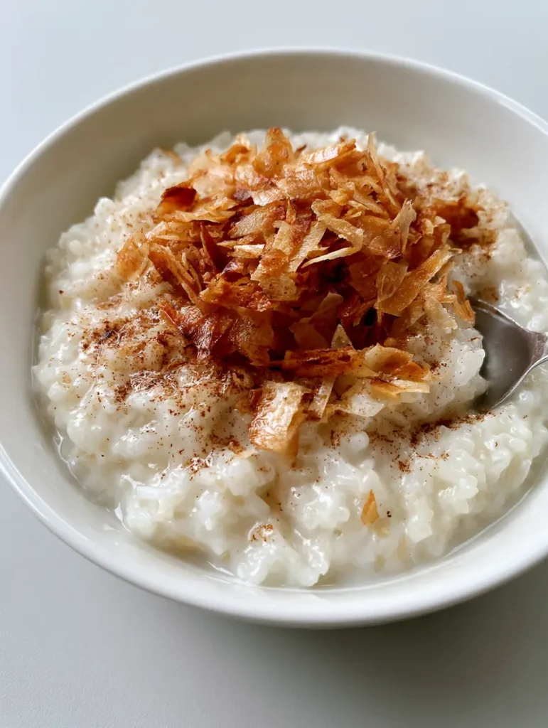 Close up of toasted golden-brown coconut flakes on top of a glossy rice pudding base.