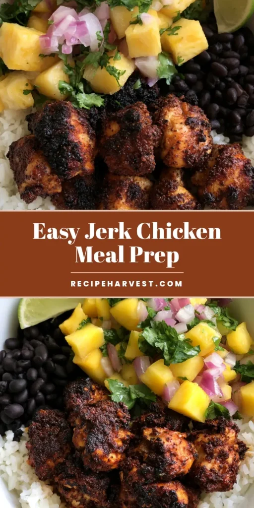 Jerk Chicken Bowl with Fresh Pineapple Salsa and Black Beans 4 A high-protein Jerk Chicken Bowl with blackened charred chicken, fresh pineapple salsa, matte black beans, and fluffy white rice in a white bowl.