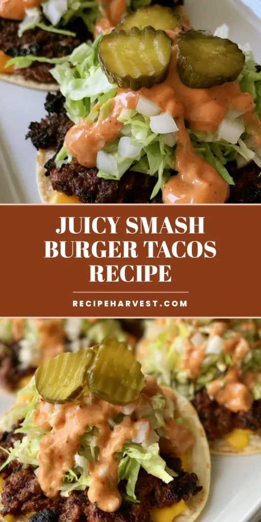 Smash Burger Tacos: The Crispiest Viral Griddle Tortilla Burgers 3 A close-up vertical shot of three Smash Burger Tacos on a white plate, featuring charred ground beef, melted yellow cheese, shredded lettuce, and crinkle-cut pickles with orange sauce drizzle.