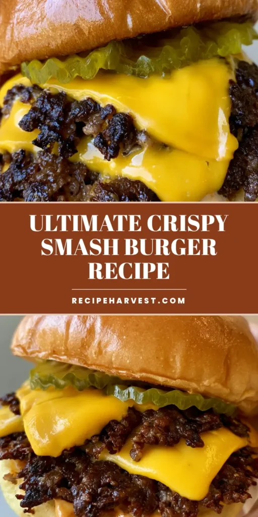 Smash Burger Recipe: The Secret to Crispy, Lacy Edges and Juicy Centers 3 A handheld double smash burger with two thin beef patties, charred lacy edges, melted yellow American cheese, and pickles in a toasted brioche bun. (Smash Burger Recipe)
