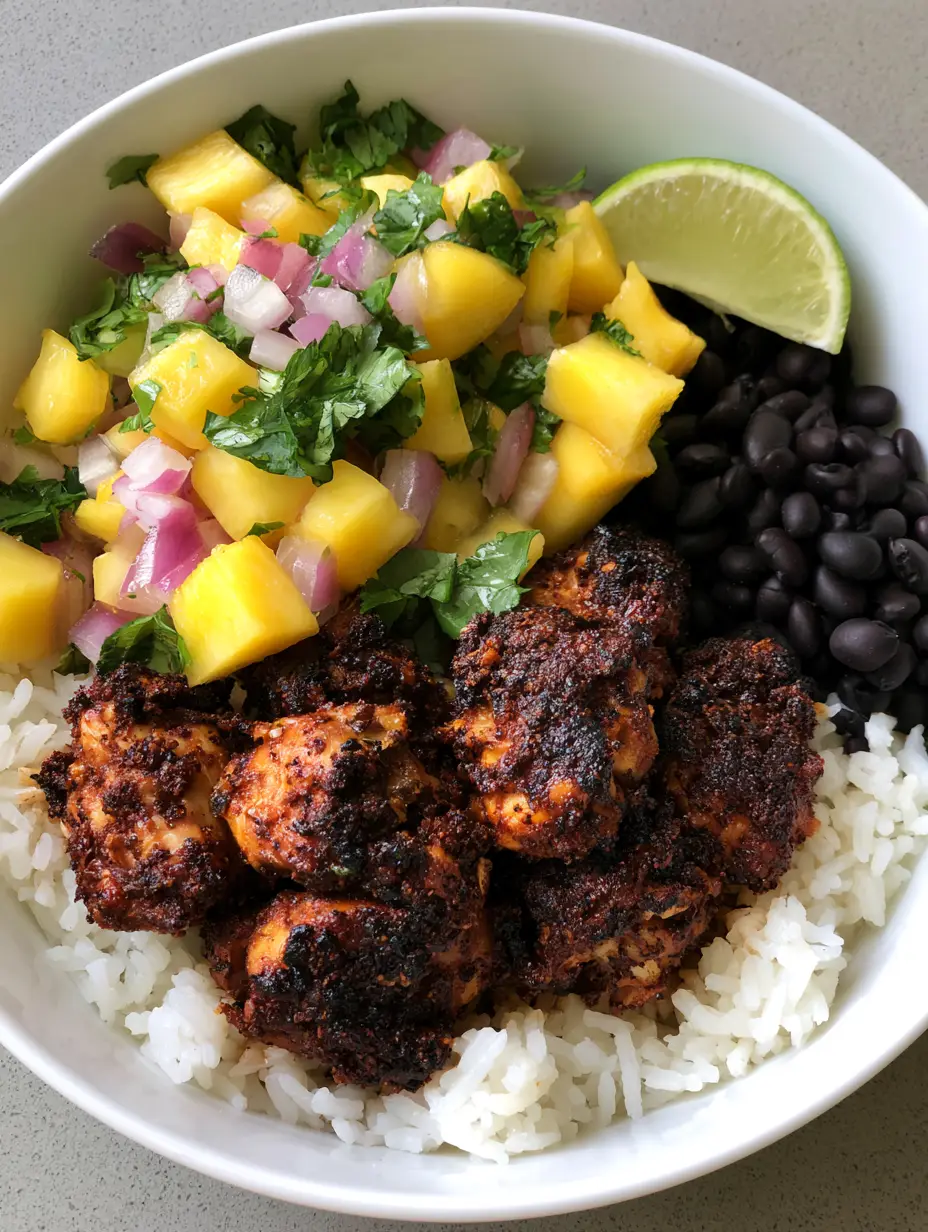 Jerk Chicken Bowl with Fresh Pineapple Salsa and Black Beans 3 A handheld photo of a Jerk Chicken Bowl featuring seared chicken with dark pebbly rub and golden pineapple cubes.