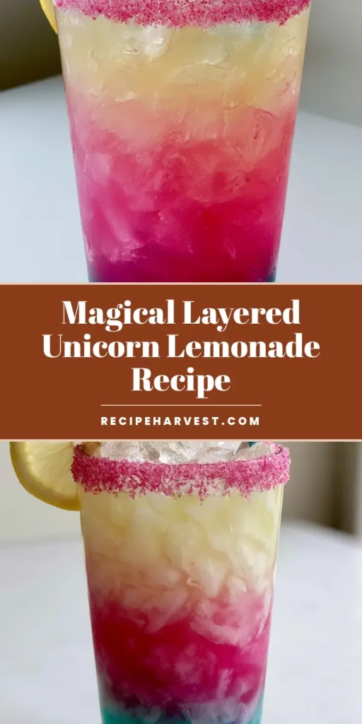 Unicorn Lemonade Recipe: Vibrant Layered Magic in a Glass 4 A tall glass with a pink sugar rim showing layers of turquoise, magenta, and yellow. (Unicorn Lemonade Recipe)