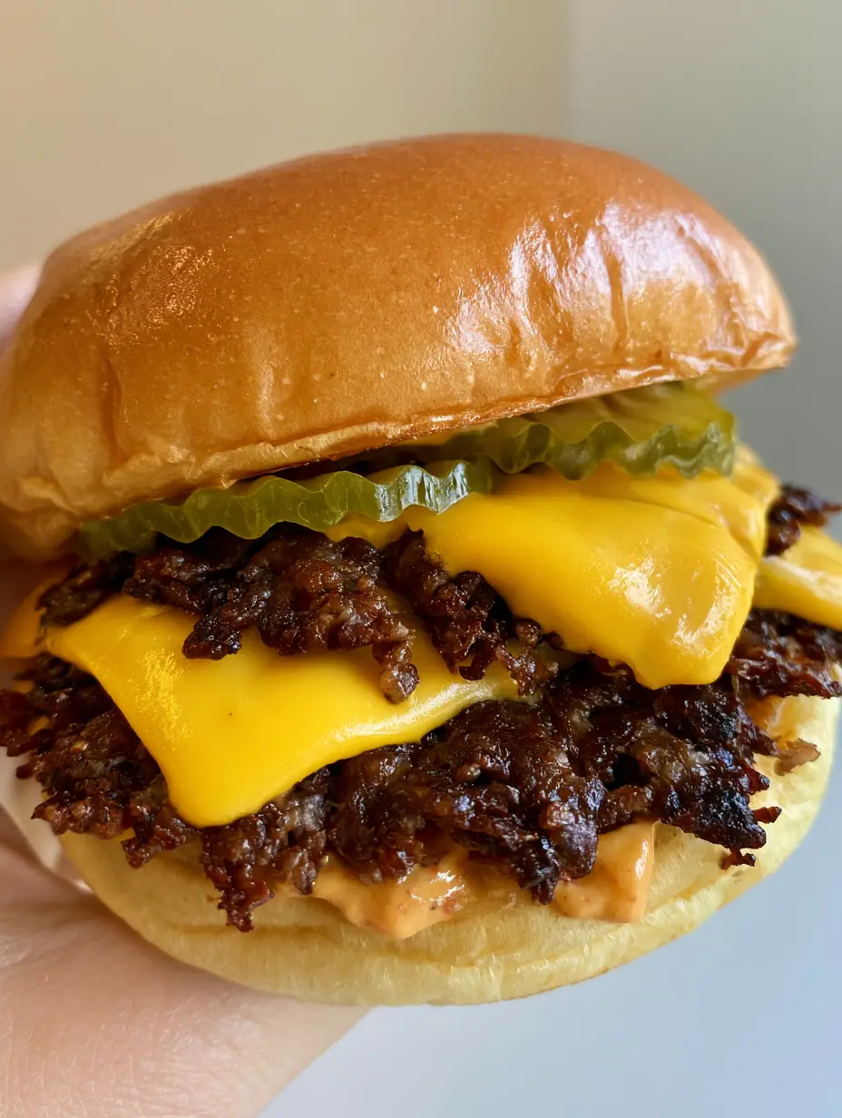 Smash Burger Recipe: The Secret to Crispy, Lacy Edges and Juicy Centers 4 Close-up of a double smash burger showing the dark brown caramelized jagged edges of the beef patties. (Smash Burger Recipe)