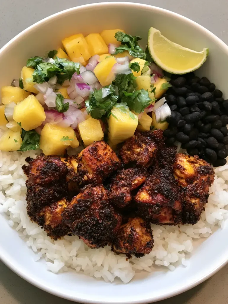 Jerk Chicken Bowl with Fresh Pineapple Salsa and Black Beans 1 Overhead view of a Jerk Chicken Bowl showing the contrast between the matte black beans and emerald green cilantro.