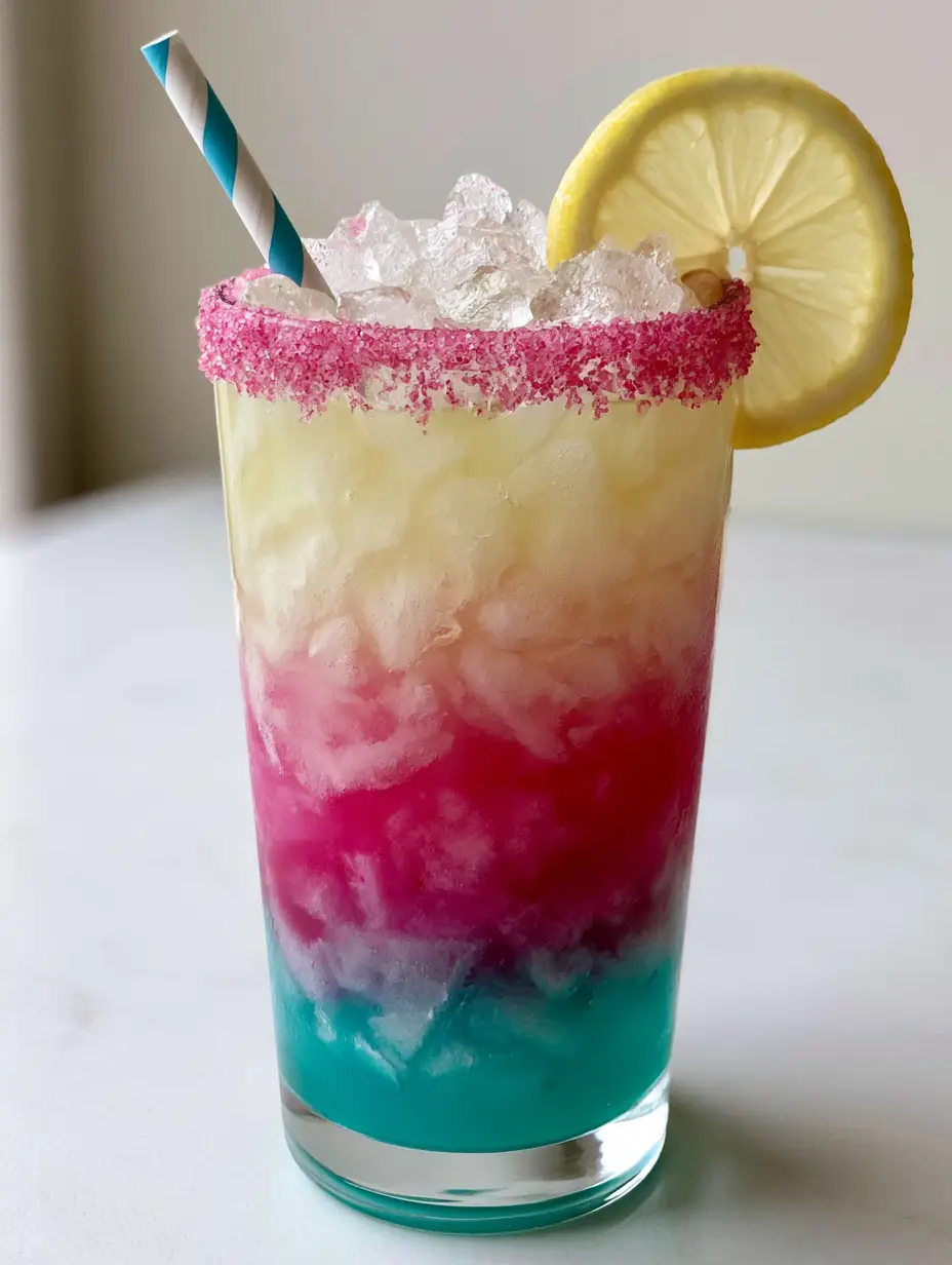 Unicorn Lemonade Recipe: Vibrant Layered Magic in a Glass 3 Vibrant layered beverage with turquoise blue, magenta, and pale yellow layers. (Unicorn Lemonade Recipe)