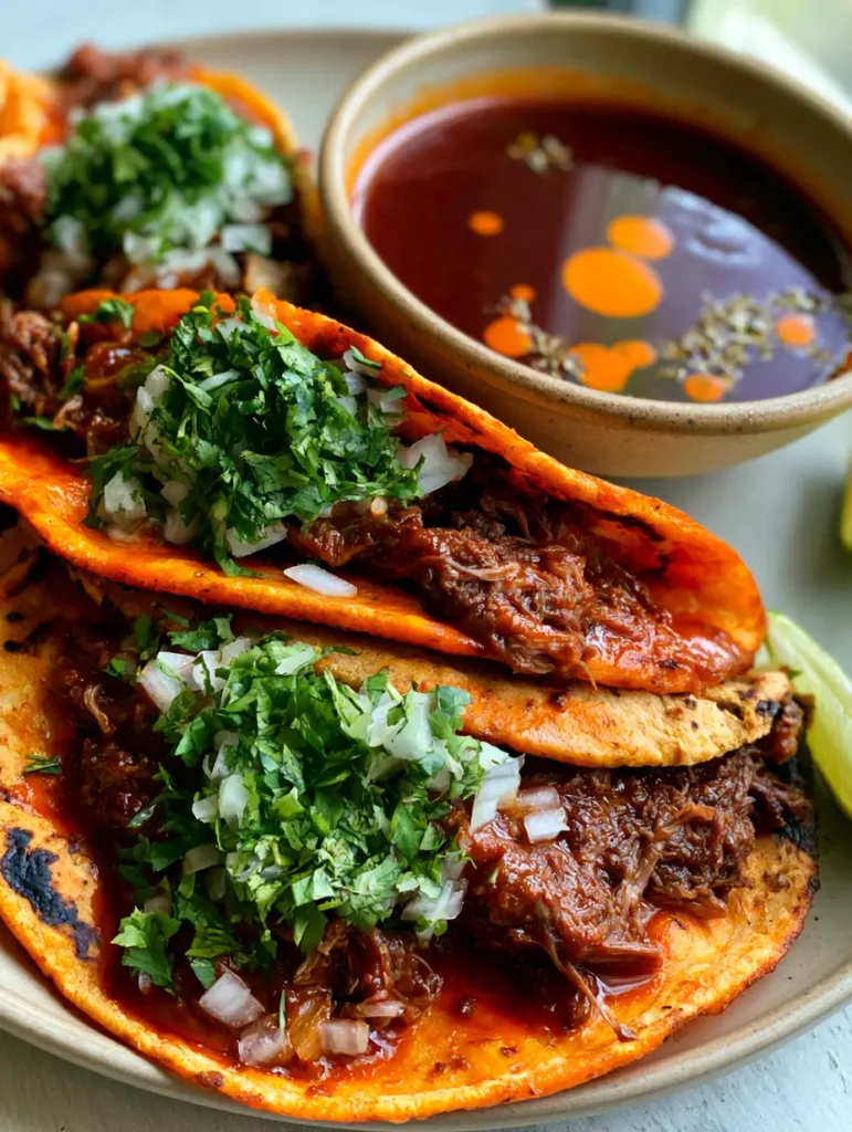 Slow Cooker Birria Tacos: The Ultimate Juicy Beef Consommé Recipe 1 Overhead view of Slow Cooker Birria Tacos with a lime wedge and a side of red dipping consommé with oil droplets.