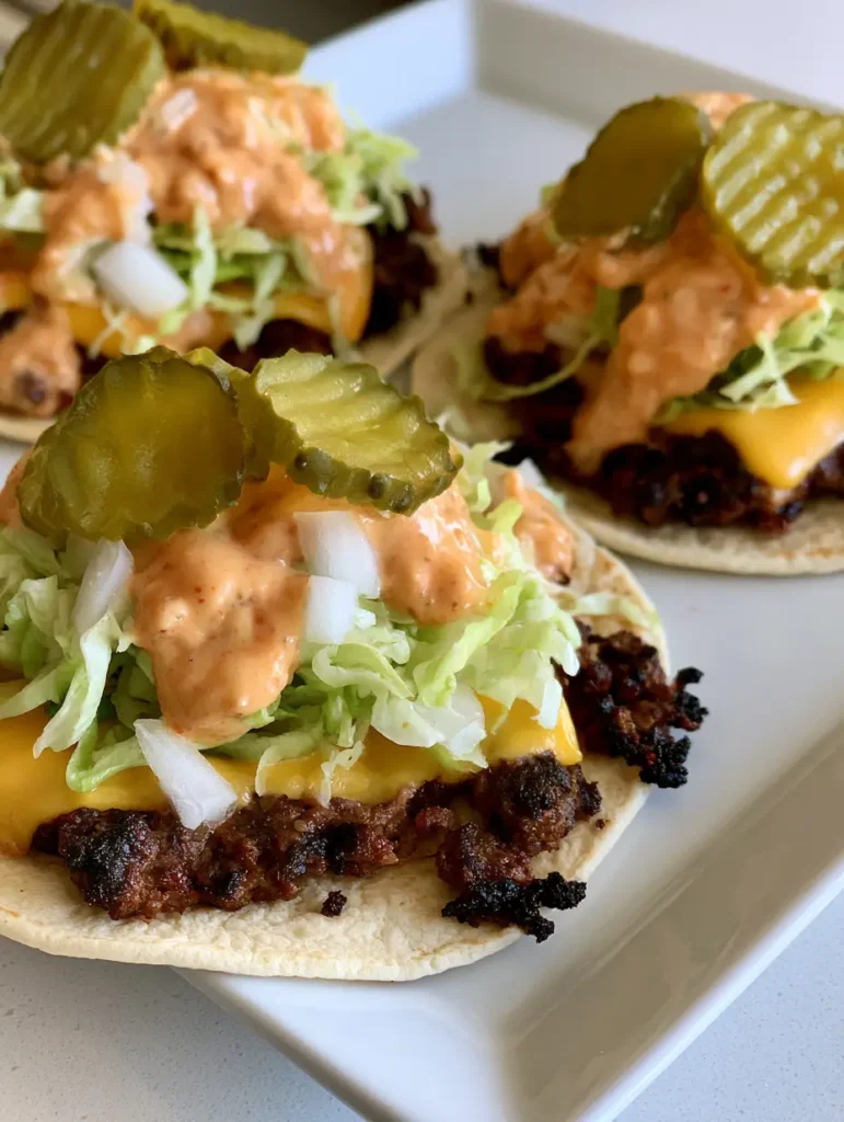 Smash Burger Tacos: The Crispiest Viral Griddle Tortilla Burgers 1 Top-down view of Smash Burger Tacos showing diced white onions and three crinkle-cut dill pickles on a flour tortilla.