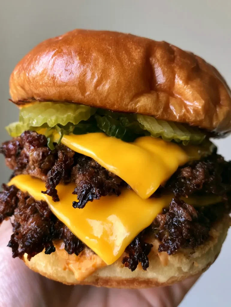 Smash Burger Recipe: The Secret to Crispy, Lacy Edges and Juicy Centers 1 Smartphone photo of a burger held in hand, featuring melted American cheese and green crinkle-cut pickles.