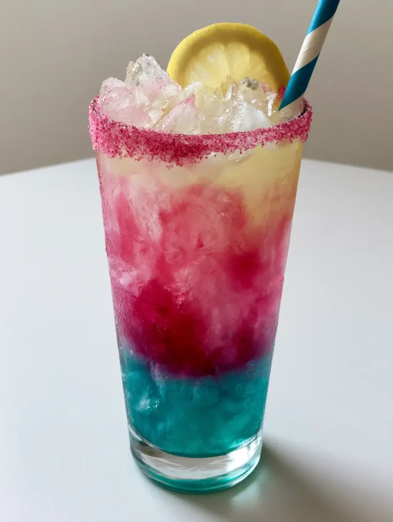 Unicorn Lemonade Recipe: Vibrant Layered Magic in a Glass 1 Close up of a layered drink with pink sanding sugar rim and a striped straw.