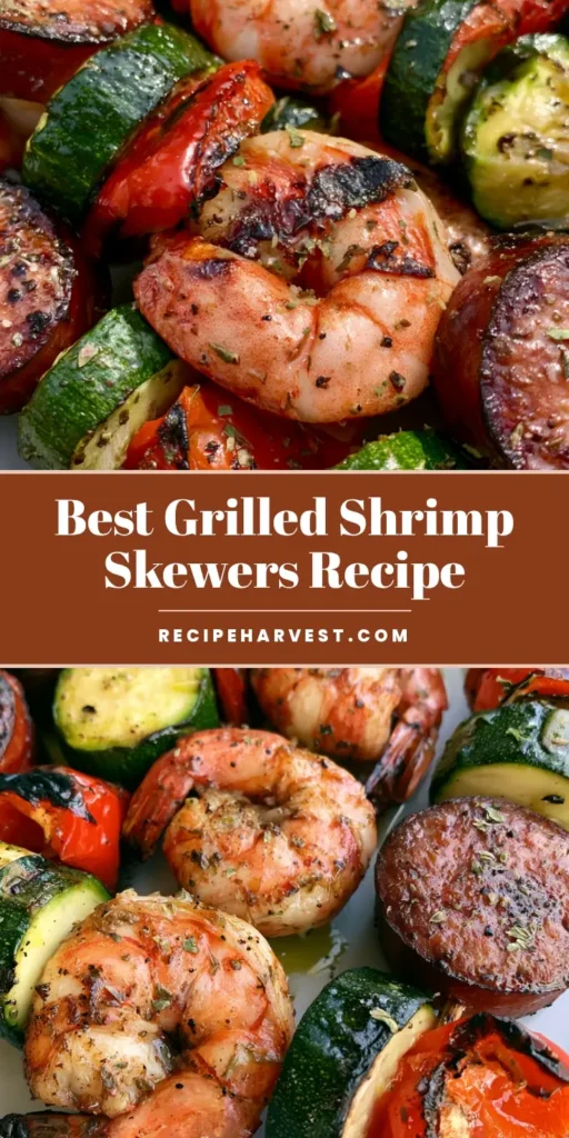A close-up vertical shot of Grilled Seafood Skewers featuring pink shrimp, browned smoked sausage, and charred zucchini on a neutral plate.