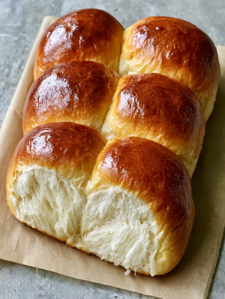A close-up top-down view of Homemade Hot Dog Buns with a glossy, buttery sheen on a neutral gray countertop.