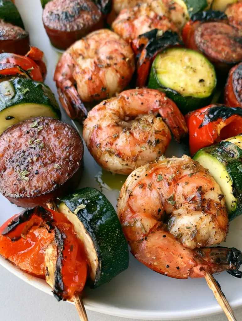 Close up of the charred textures on Grilled Seafood Skewers including zucchini and bell peppers.
