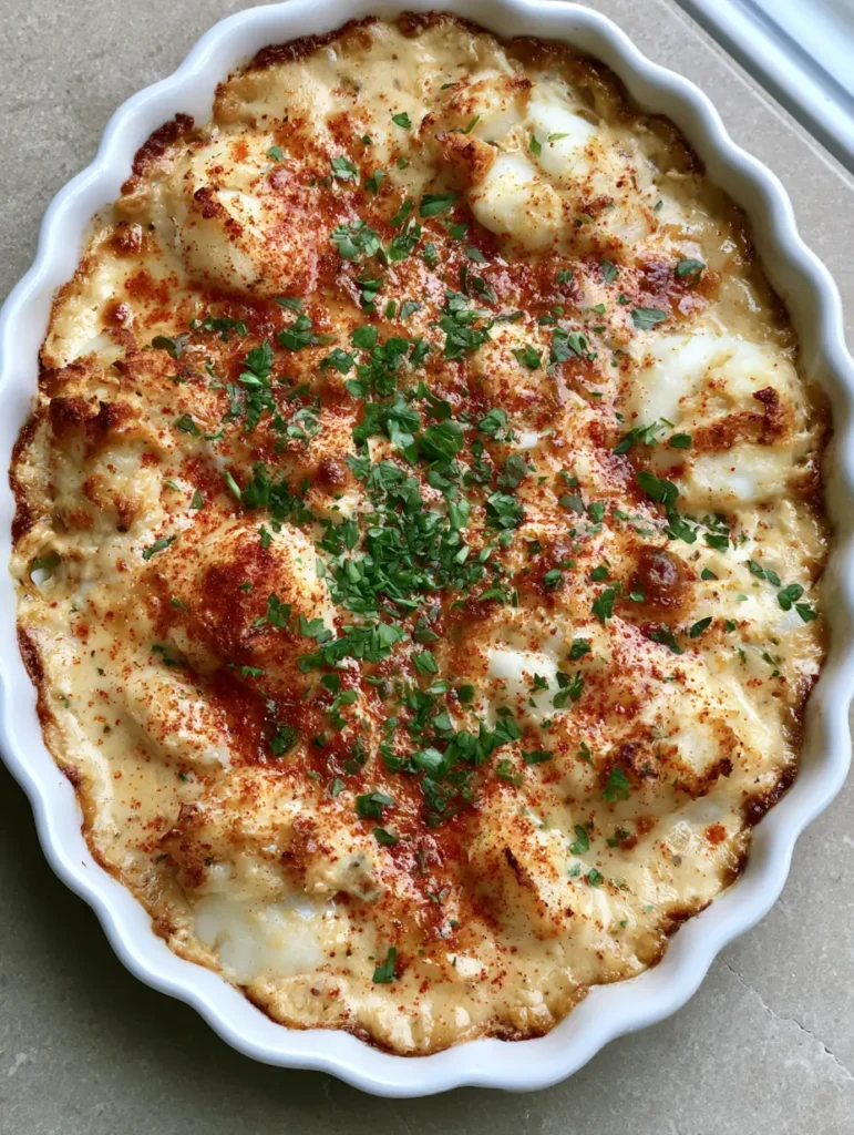 A close-up of a baked Crab Imperial casserole with a golden-brown bubbly crust and fresh parsley in a white scalloped dish. (Crab Imperial Recipe)