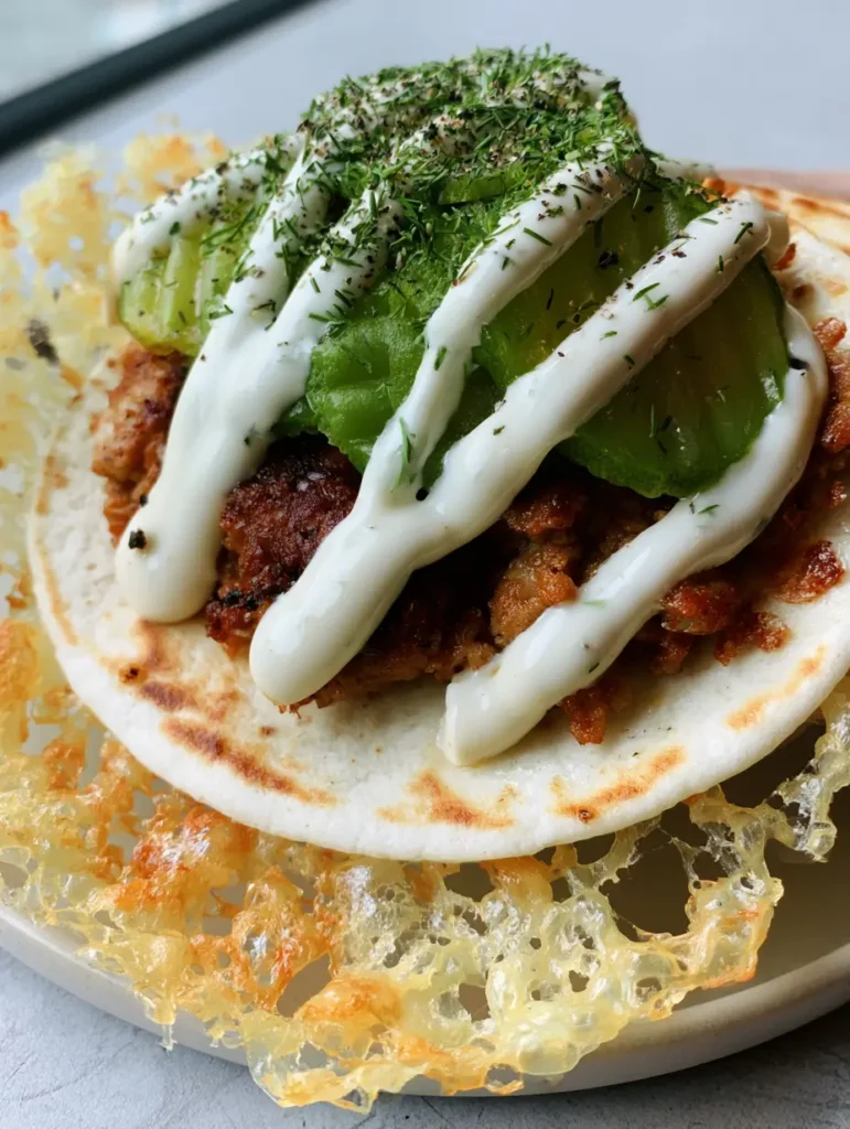 Dill Pickle Ranch Smash Chicken Tacos with Crispy Cheese Lace 1 A top-down view of the Dill Pickle Ranch Smash Chicken Tacos showing the translucent aerated texture of the cheese skirt.