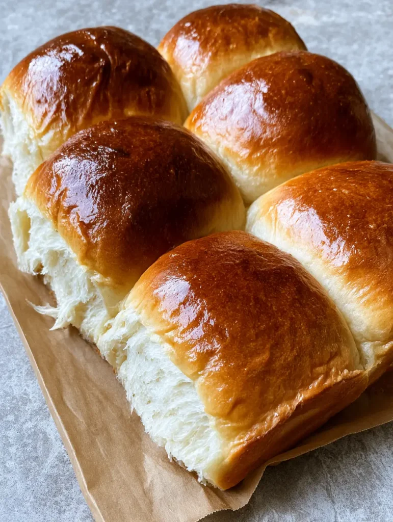 Homemade Hot Dog Buns: The Ultimate Fluffy Bakery-Style Recipe 1 Six golden-brown Homemade Hot Dog Buns on parchment paper showing a pale, airy interior texture.